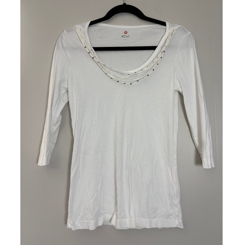 XCVI Large White Three Quarter Sleeve White Shirt Raw‎ Hem Metal Stud Detail